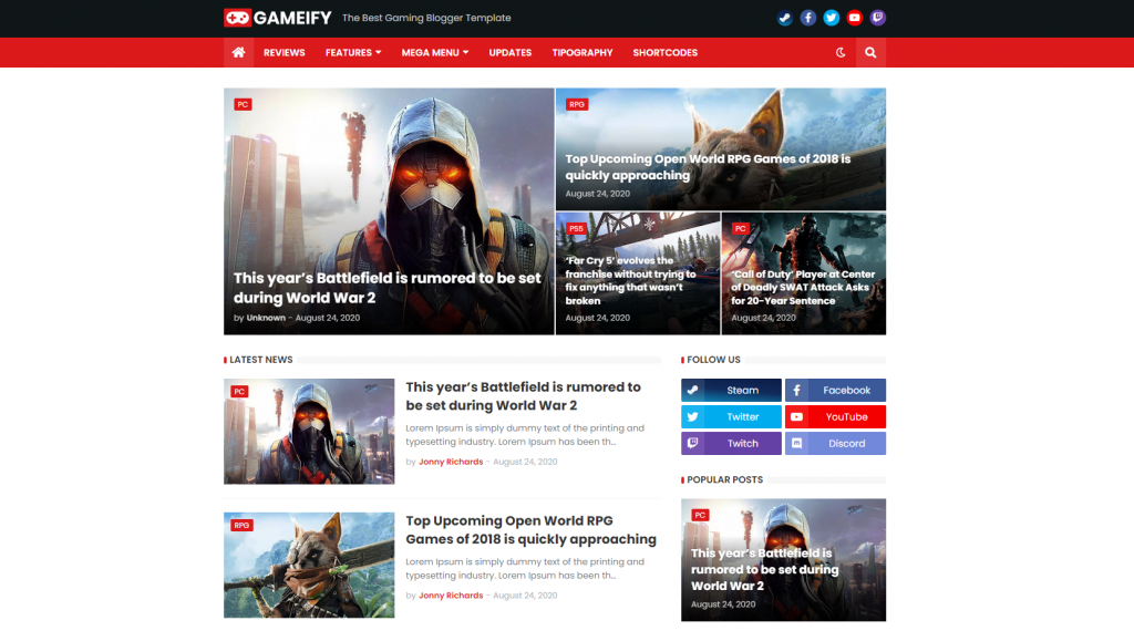 8 - Gameify Blogger Teması - Ücretsiz Blogger Temaları